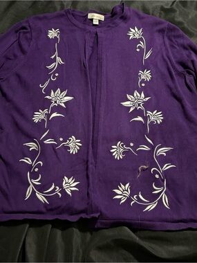 dressbarn Purple Cardigan with White Floral Embroidery